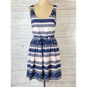 MaisonJules Navy & Beige Stripe & Polka Dot MIDI Silk Dress Women’s Size XS